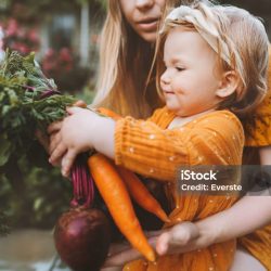 Family mother and child girl with organic vegetables healthy eating lifestyle vegan food homegrown carrot and beetroot local farming grocery shopping agriculture concept